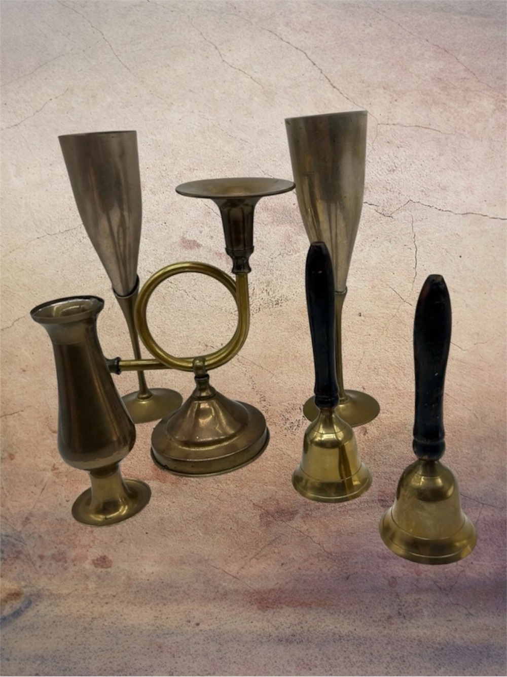 Vintage Brass Lot goblets bells vase french horn candle holder 6 items READ